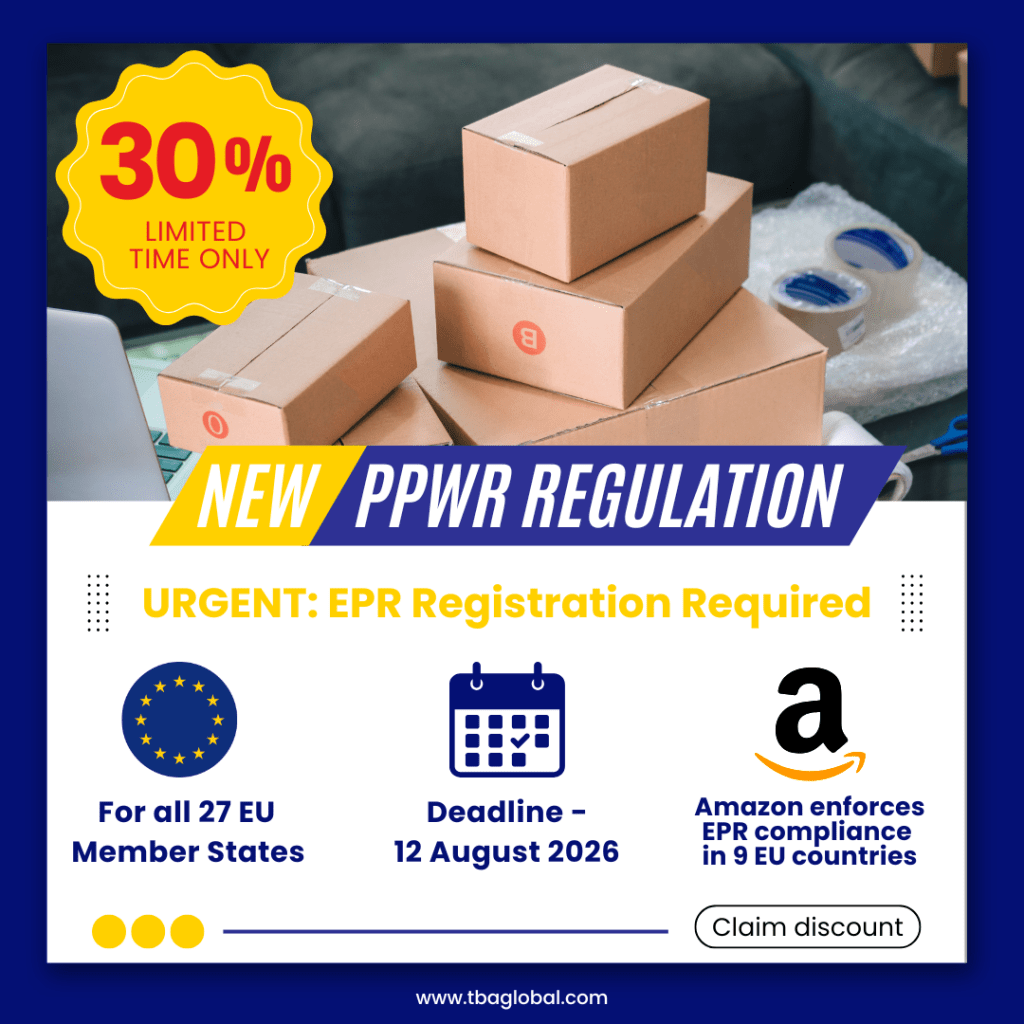 Promo poster on new EU EPR regulation: 30% badge, stacked boxes, bold urgent message, EU icon, calendar deadline, Amazon logo, and 'Claim discount' button.